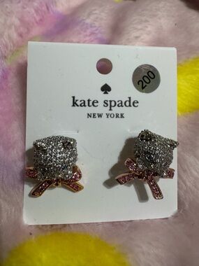 kate spade Silver Crystal Kitty Earrings with Pink Bow Accents